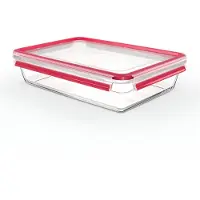 EMSA N10412 Clip &amp; Close Glas Frischhaltedose | 3 L | stapelbar | gefrierfest | backofenfest | Mikrowellenfest | rutschfestes Stapeln | 100% dicht | spülmaschinenfest | Transparent/Rot