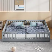 ALFORIGO Paneelbett 2 x 90 x 200 cm, Kinderbett mit umlaufendem Geländer und Lattenrost, Kiefernholz und MDF, für zwei Kinder, Grau