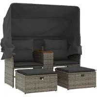 Syfax Gartensofa 2-Sitzer mit Dach und Hockern Grau Poly Rattan