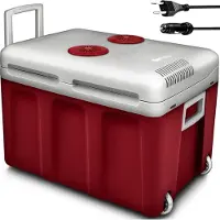 Tillvex Kühlbox elektrisch 40L Rot mit Rollen | Mini-Kühlschrank 230 V und 12 V für KFZ Auto Camping | kühlt & wärmt | ECO-Modus
