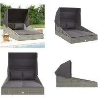 vidaXL Sonnenliege mit Faltdach Grau 200x114x128 cm Poly Rattan - Sonnenliege - Sonnenliegen - Sonnenbett - Tagesbett