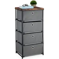 Relaxdays Kommode, 4 Stoffschubladen, Metall, Holzoptik, 85 x 43 x 33 cm, Wohnzimmer, Flur, Beistellkommode, grau/braun