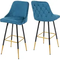 Mendler 2er-Set Barhocker HWC-E70, Barstuhl Tresenhocker, Retro Design Samt goldene Streben/Füße - petrol-blau