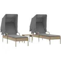 Syfax Sonnenliegen 2 Stk. mit Dach und Tisch Beige Poly Rattan