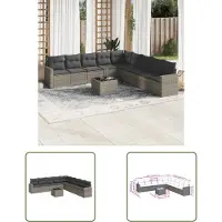 The Living Store 10-tlg. Garten-Sofagarnitur mit Kissen Grau Poly Rattan