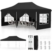 Costway 3x6m Faltpavillon mit 6 abnehmbaren Seitenwänden, Tragetasche, Pavillon höhenverstellbar wasserabweisend, UV-Schutz 50+ schwarz