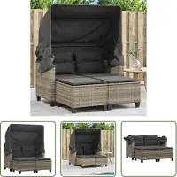 The Living Store Gartensofa 2-Sitzer mit Dach und Hockern Hellgrau Poly Rattan