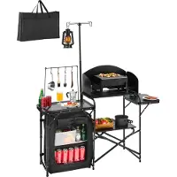 Vevor Camping Küchentisch Outdoor Kochtisch, tragbare Kochstation aus Aluminium mit Lagerschrank & Tragetasche, & abnehmbarer Windschutzscheibe, für Grillpartys Picknicks Wohnmobilreisen, schwarz