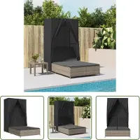 The Living Store Doppel-Sonnenliege mit Dach und Vorhängen Grau Poly Rattan