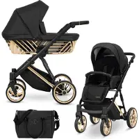 Kunert Kinderwagen IVENTO GLAM Sportwagen Babywagen Babyschale Komplettset Kinder Wagen Set 2 in 1 (Black Pearl, Rahmenfarbe: Gold)