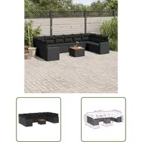 The Living Store 11-tlg. Garten-Sofagarnitur mit Kissen Schwarz Poly Rattan