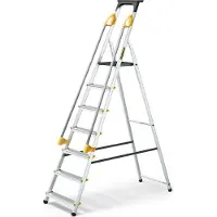 Drabest | Leiter - 7 Stufen, Tragfähigkeit 150kg - Leiter mit Handläufen, Alu Leiter, Anti-Rutsch-Füße, Trittleiter, Klappleiter