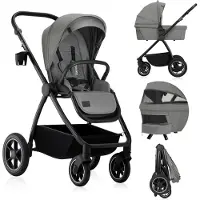 Lionelo Kombikinderwagen Meril 2in1 Babywanne bis zu 9 kg, 0-48 Monate bis zu 22 kg, Geländeräder 360°, Vollfederung, XXL-Verdeck - Grau