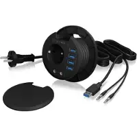 Icy Box IB-HUB1430, 4 Port USB 3.2 Gen 1 Type-A Tisch-Hub mit Audio Ein-/Ausgang und Schuko Steckdose (CEE 7/3), Ø 80 mm, Schwarz, Kunststoff, Type F (CEE 7/4), 80 mm, 800 mm, 550 mm