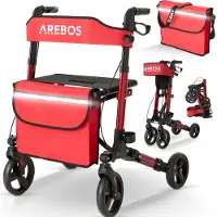 Arebos Leichtgewicht Rollator Aluminium | Faltbarer Reiserollator 6-fach höhenverstellbar | mit Stockhalter & Einkaufstasche | Gehhilfe Rot