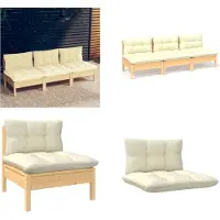 vidaXL 3 Sitzer Gartensofa mit Creme Kissen Massivholz Kiefer - 3-Sitzer-Gartensofa - 3-Sitzer-Gartensofas - Gartensofa - Gartensofas