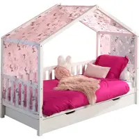Vipack Dallas 1 Hausbett mit seitlicher Umrandung 90 x 200 cm Liegefläche, Bettschublade und Textilhimmel, Weiß