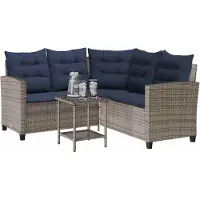 Syfax Gartensofa in L-Form mit Tisch und Kissen Grau Poly Rattan