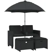 Syfax Gartensofa 2-Sitzer Sonnenschirm und Hocker Schwarz Poly-Rattan