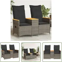 The Living Store Gartensofa 2-Sitzer Verstellbar mit Tisch Grau Poly Rattan