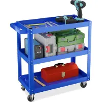 Relaxdays Werkstattwagen, Werkzeugwagen mit 3 Ebenen, mobiler Montagewagen, bis 100 kg belastbar, HBT: 76x78x35 cm, blau