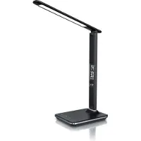 Brandson Schreibtischlampe LED Lederoptik, Tischleuchte dimmbar mit 300 Lumen, 3 Lichtfarben, 5 Helligkeitsstufen, Wecker, Kalender, Temperaturanzeige, USB-Ladeport, schwarz