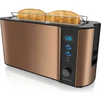 Arendo Toaster 2 Scheiben, Langschlitztoaster, Langschlitz, Edelstahl, 1000W, Display mit Restzeitanzeige, Brötchenaufsatz, Defrost Funktion, Wärmeisolierendes Gehäuse, kupfer