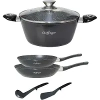 Cheffinger 6 tlg Kochgeschirr Kochtopf Set Topf Pfanne Küchenhelfer Deckel Induktion Schwarz