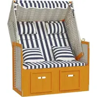 Syfax Strandkorb mit Kissen Poly Rattan & Massivholz Weiß & Blau