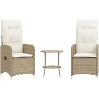 Syfax Gartensessel 2 Stk. Verstellbar mit Tisch Beige Poly Rattan