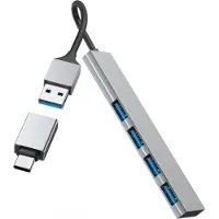 Hama USB-Adapter "USB Hub mit Adapter, 4 Ports mit USB C und USB A Stecker, Slim, grau", grau (anthrazit), B:10,7cm H:0,7cm T:2,1cm, Adapter, USB-Adapter