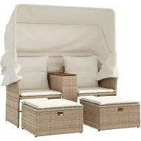 Syfax Gartensofa 2-Sitzer mit Dach und Hockern Beige Poly Rattan