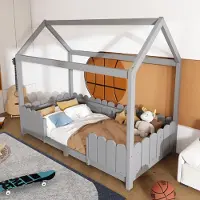 MODFU Kinderbett Hausbett 90x200cm Spielbett Kinderhaus mit Rausfallschutz und Lattenrost, Schönes Babybett aus Kiefernholz, Grau(Ohne Matratze)
