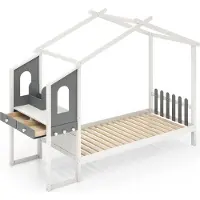 Costway 90x200cm Hausbett, Kinderbett mit Rausfallschutz, Schreibtisch, 18 Lattenrost, Schubladen & Haken, Jugendbett bis 150kg für Kinder, weiß