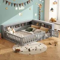 Flieks Kinderbett Bodenbett 140x200cm mit USB und Tür, Doppelbett Holzbett Tagesbett Kinder mit Regal, Klassisches Kinderbett mit Rausfallschutz, Grau