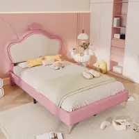 OKWISH Kinderbett Plattformbett 90×200 cm mit Lattenrost, Polsterbett Jugendbett für Jungen und Mädchen, Funktionelles Einzelbett mit Kopfteil mit Krone, Rosa+Weiß(Ohne Matratze)