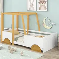 Flieks Kinderbett mit Rausfallschutz und Lattenrost, Autobett Jeep-Bett Kiefer Einzelbett 90x200cm