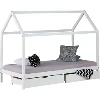 Homestyle4u Kinderbett 90x200 mit Matratze mit Standard 100 mit Lattenrost Hausbett Weiß mit Bettkasten Stauraum