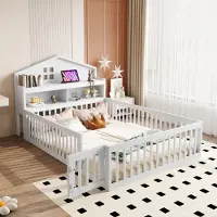 OKWISH Kinderbett Bodenbett 140 x 200, Hausleiste, mit Einlegeböden und Stauraum, mit Schutzgitter und Tür, mit Bilderleiste, mit Lattenrost,ohne Matratze,Weiß