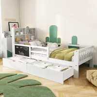 STILVORA Kinderbett 90x200 Doppelbett mit 2 Schubladen und Tafel, mit Begrenzungszaun,Einzelbett mit Rausfallschutz und Regalen,weiß(Ohne Matratze)
