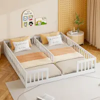 STILVORA Kinderbett 90x200 mit Matratze Jugendbett Holzbett für zwei Kindern,zwei Einzelbett mit Gitter und Zaun,Ohne Lattenrost Design,Weiß