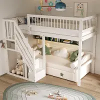 Flieks Etagenbett 90x200cm mit Rausfallschutz, Hochbett mit Treppe mit Kleiderstange und Ablagen, Kinderbett Einzelbett mit Lattenrost, Weiß