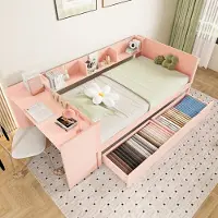 Flieks Kinderbett 90x200cm mit 2 Schubladen, Kinderbett Einzelbett mit Schreibtisch und Ablagen, Holzbett Flachbett Kinderzimmer, Rosa