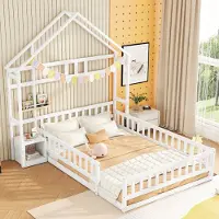Merax Kinderbett 140x200cm mit Rausfallschutz, Nachttisch und Lattenrost, Bodenbett Massivholzbett Einzel- und Doppelbett Hausbett, Weiß
