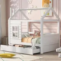 Flieks Kinderbett 80x160cm, Kinderbett mit Rausfallschutz, Hausbett mit Schubladen und Lattenrost, Einzelbett Massivholzbett, Weiß