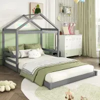 OKWISH Kinderbett Bodenbett in Hausform 140×200 cm mit Lattenrost, Holzbett Jugendbett für Jungen und Mädchen(Ohne Matratze), Grau