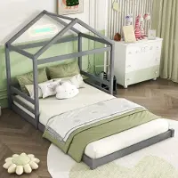 STILVORA Kinderbett 140×200 ohne Matratze Hausbett Bodenbett in Hausform Jugendbett aus Massivholz mit Lattenrost ,grau