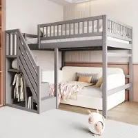 Flieks Etagenbett 140x200cm mit Rausfallschutz, Hochbett mit Treppe mit Kleiderstange und Ablagen, Kinderbett Doppelbett mit Lattenrost, Grau
