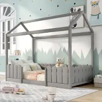 Merax Kinderbett 90x200cm mit Rausfallschutz und Lattenrost, Hausbett Spielbett Kinderhau Babybett aus Kiefernholz, Grau