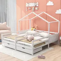 Merax Kinderbett 90x200cm/90x200cm mit Rausfallschutz und Lattenrost, Hausbett mit Schubladen, zwei Einzelbetten Doppelbett für 2 Kinder, Weiß
